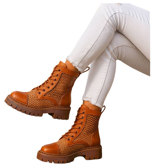 Brązowe ażurowe botki trapery na platformie /16770 F1-1 G381 +h2/