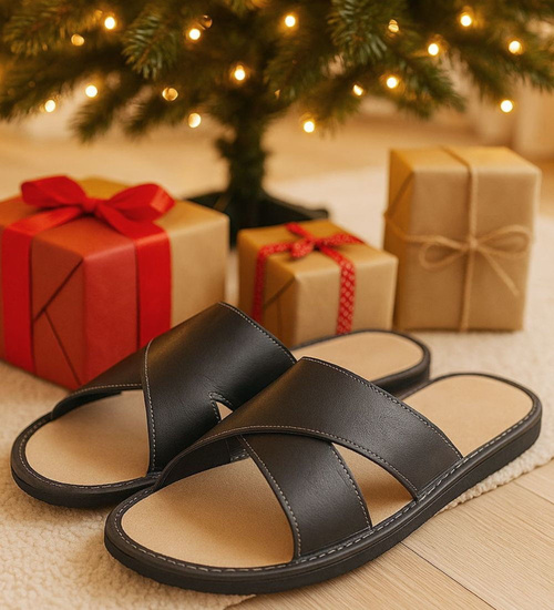 Skórzane męskie klapki domowe krzyżaki Czarne /F7-1 16206 S195/