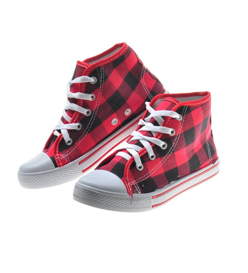 Wysokie damskie trampki z tkaniny w kratkę CZERWONE /C5-3 7629 S097/