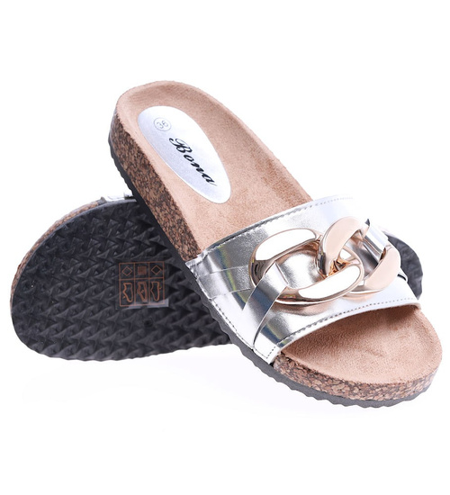 Srebrne klapki damskie z łańcuchem /A7-2 14528 T202/