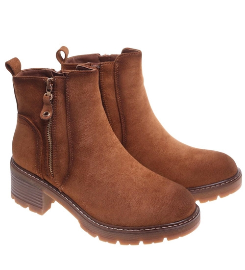 Karmelowe botki damskie na grubym obcasie /F10-2 18245 W477/