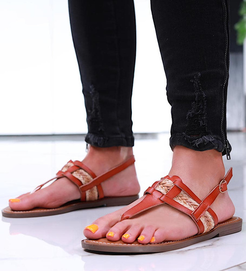 Karmelowe damskie sandały japonki /D7-2 16372A G079/