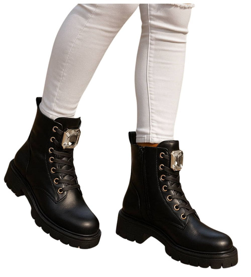 Czarne trapery damskie z kamieniem /F2-3 18274 W484/