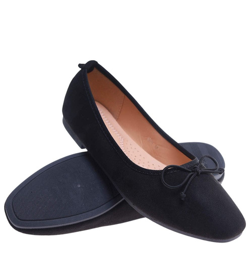 Zamszowe baleriny damskie z kokardą Czarne /G7-2 17560 G133/