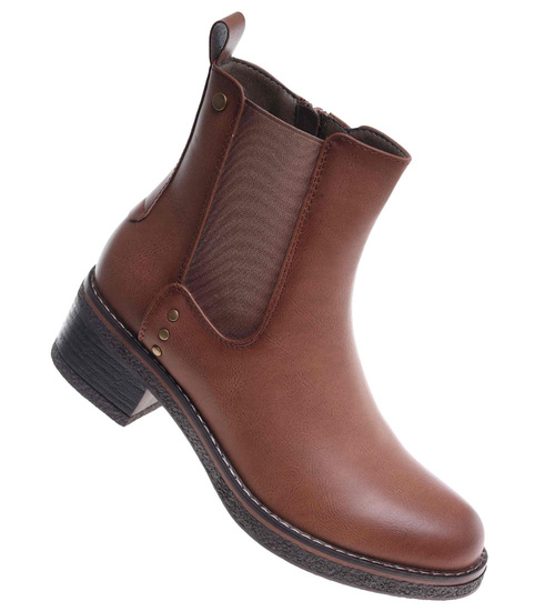 Karmelowe botki sztyblety na płaskim obcasie /A8-3 18415 W484/