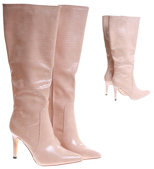 Beżowe kozaki damskie na szpilce /H2 16933 T282/