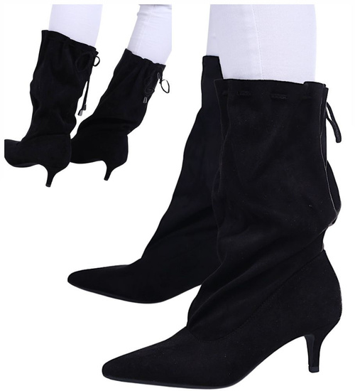 Czarne zamszowe kozaki damskie na niskim obcasie /F2-3 16754 G190/