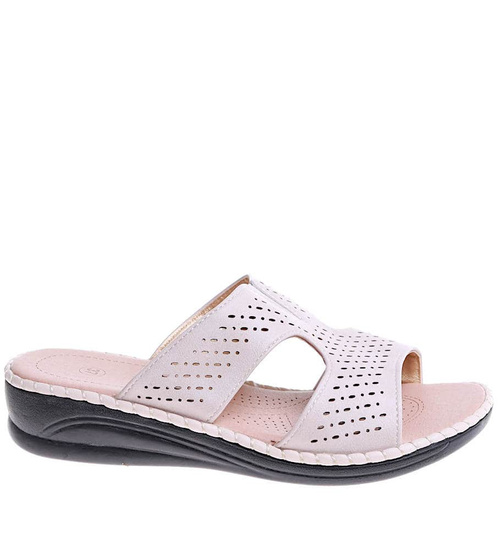 Beżowe damskie klapki na niskim płaskim obcasie /B7-2 16139 T280/