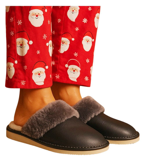 Skórzane szare kapcie damskie z wełną /G4-1 18466 S196/