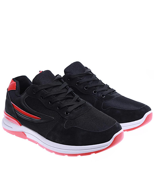 Sznurowane męskie buty sportowe Czarno czerwone /D7-3 15744 T382/