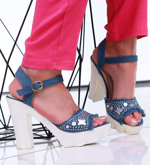 Niebieskie sandały damskie na obcasie i platformie /B7-3 16230 T230/