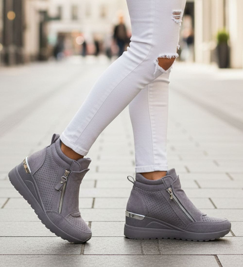 Szare sneakersy damskie na koturnie /B2-2 12852 T890/