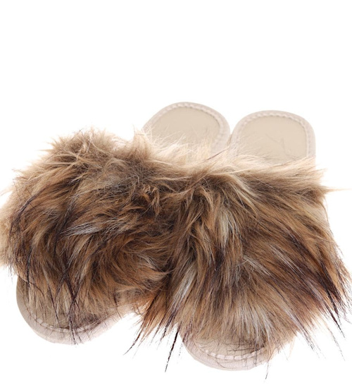 Beżowe klapki z efektownym futerkiem /F4-1 3259 S195/