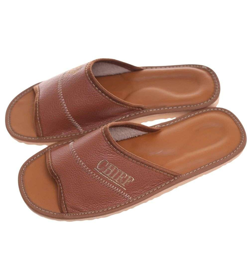 Skórzane otwarte klapki domowe Chief brązowe /G8-1 18685 S199/