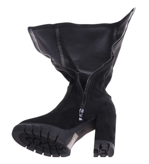 Czarne kozaki damskie na obcasie i platformie /A3-2 18433 T6/