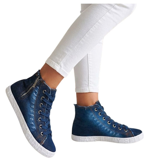 Jeansowe trampki z wysoką cholewką granatowe /C6-2 12441 T296/