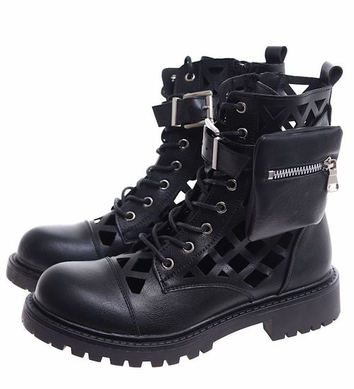 Czarne ażurowe botki trapery /B2-1 16714 G381/