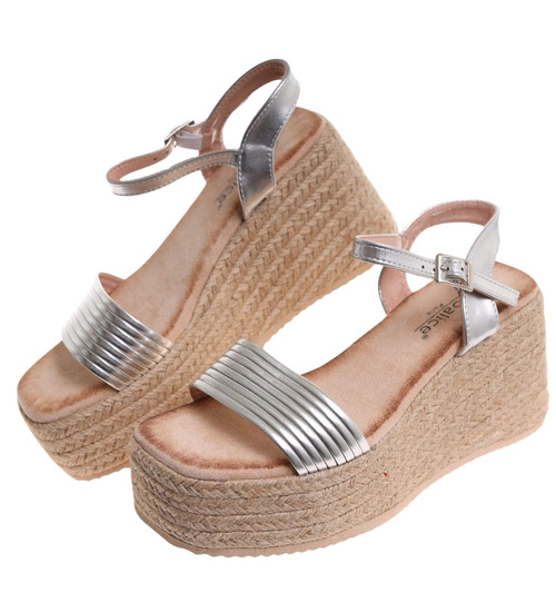 Sandały damskie na koturnie i platformie Srebrne espadryle /A9-1 17868 G187/