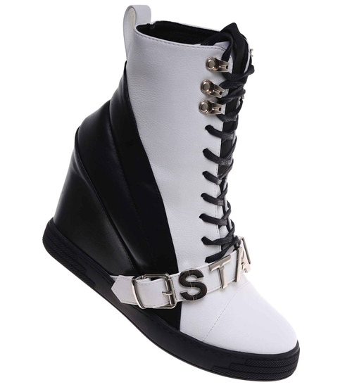 Sznurowane biało czarne trampki sneakersy koturnie /C1-3 18050 T284/