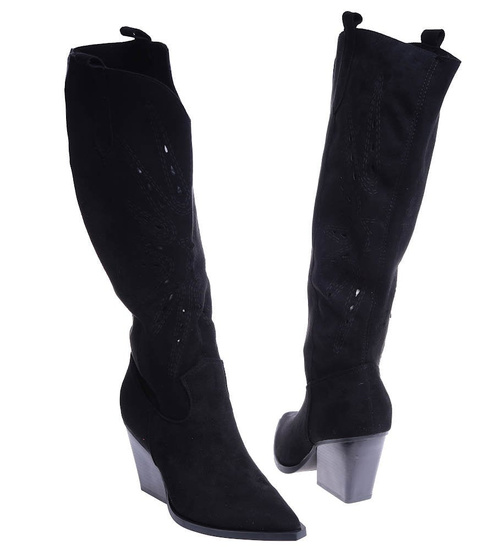 Ażurowe kozaki kowbojki Czarne /E1-1 14758 T992/