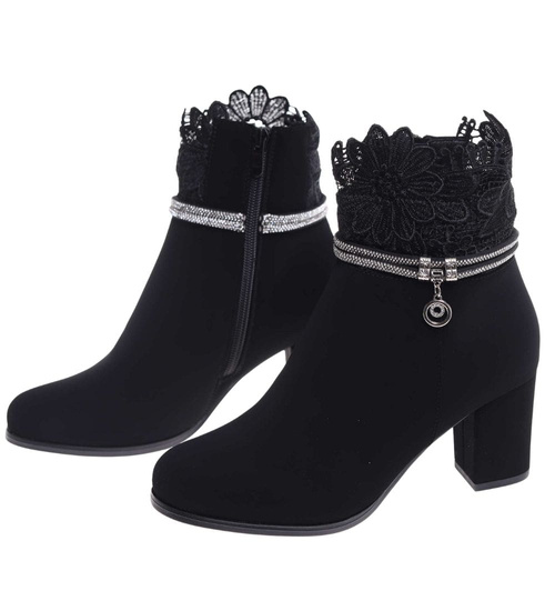 Zimowe czarne botki damskie na obcasie /G12-1 18545 W4/