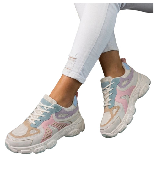 Sznurowane buty sportowe z pastelowymi dodatkami /A4-1 8767 W235