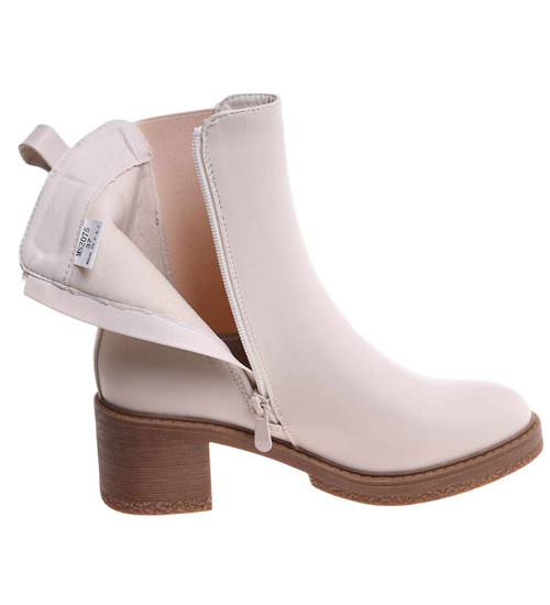 Beżowe botki damskie na grubym obcasie /J6-3 h2 18396 W3/