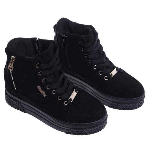 Czarne zamszowe sneakersy na koturnie i platformie /G3-3 15506 T634/