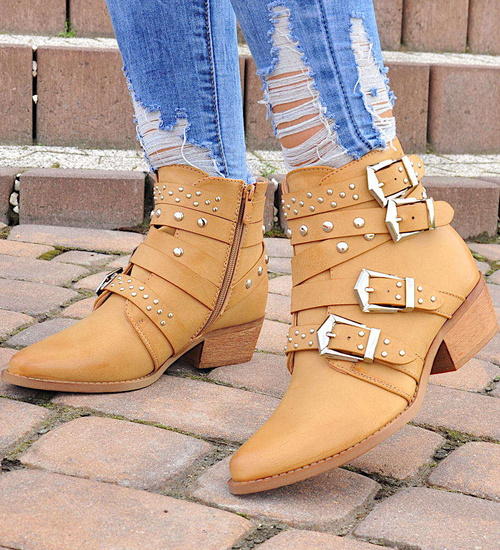 Karmelowe botki kowbojki z ćwiekami /E10-3 9349 S290/