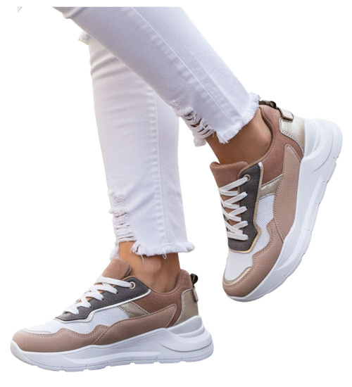 Wiązane sportowe buty damskie beżowe /D6-3 13924 T292/