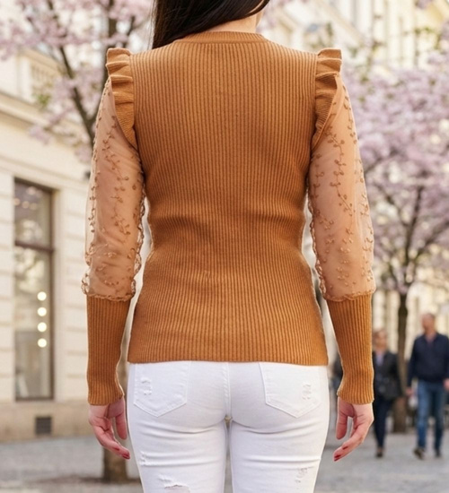Karmelowa bluzka z koronkowymi rękawami /B6-1 UB342 T391/