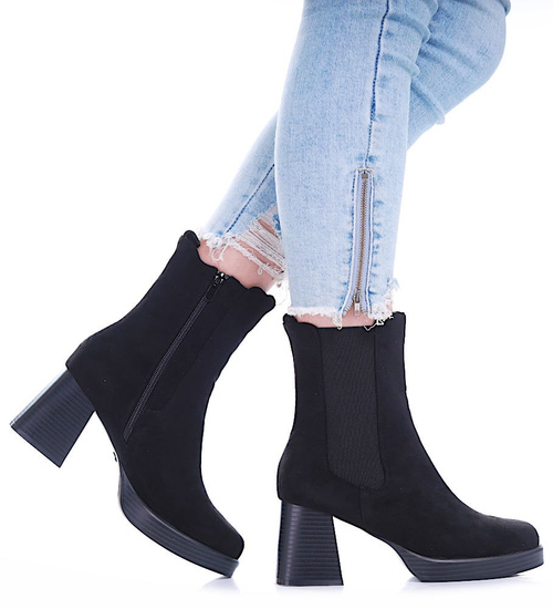 Czarne zamszowe botki damskie na obcasie /G2-2 17070 G324/