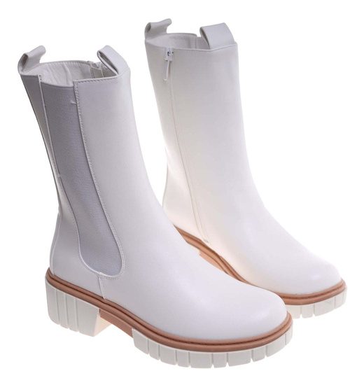 Białe wysokie botki sztyblety na platformie /D9-1 18217 T212/