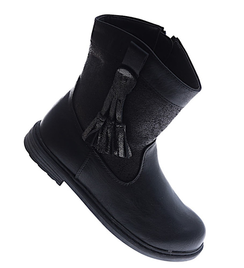 Czarne dziewczęce kozaki z frędzlami /G6-1 15036 T390/