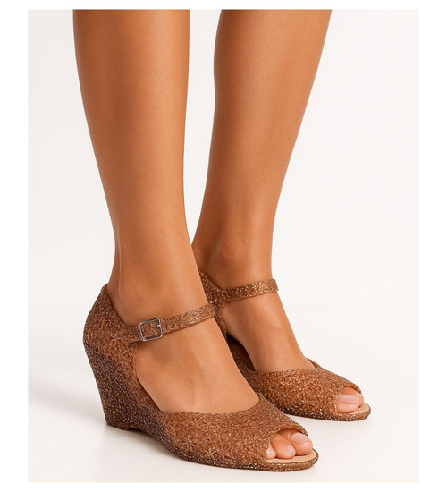 Plażowe sandały meliski na koturnie Brązowe otwarte /H2 14570 T890/