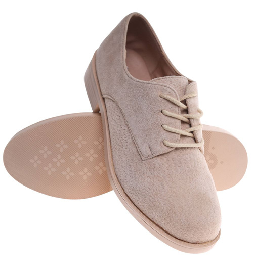 Beżowe baleriny damskie zamszowe oxfordy /J4-2 18621 W177/