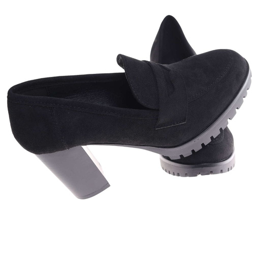 Czarne zamszowe czółenka na słupku /E1-3 18629 T2/