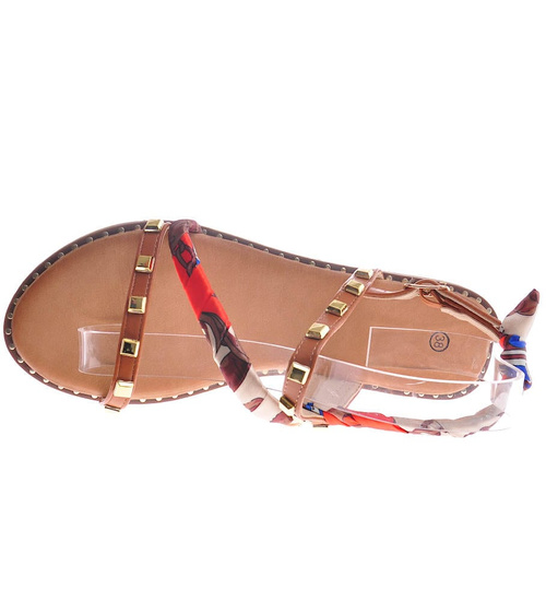 Camelowe sandały damskie na płaskim obcasie /C4-3 12147 T3/