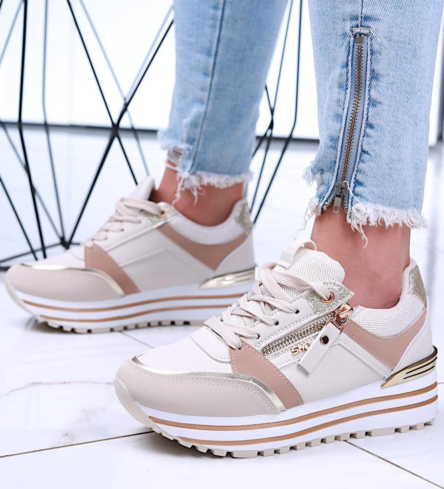 Sznurowane beżowe trampki sneakersy na koturnie i platformie