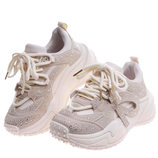 Sznurowane buty sportowe na platformie Beżowe /G3-1 17423 T891/