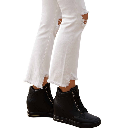 Czarne klasyczne sneakersy damskie na koturnie /F8-3 12818 T492/