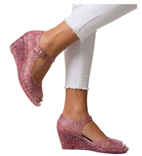 Plażowe sandały meliski na koturnie Ciemny Róż otwarte /H2 14569 T890/