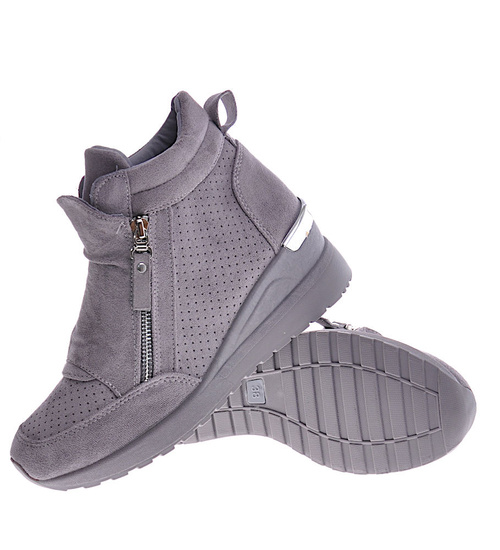 Szare sneakersy damskie na koturnie /B2-2 12852 T890/