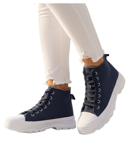 Sznurowane trampki damskie Granatowe  /B1-2 12352 S294/