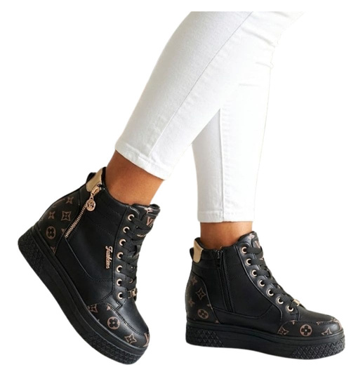 Wiązane czarno złote sneakersy na koturnie i platformie /F5-3 12317 T792/