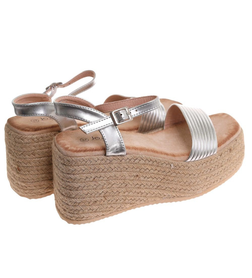 Sandały damskie na koturnie i platformie Srebrne espadryle /A9-1 17868 G187/