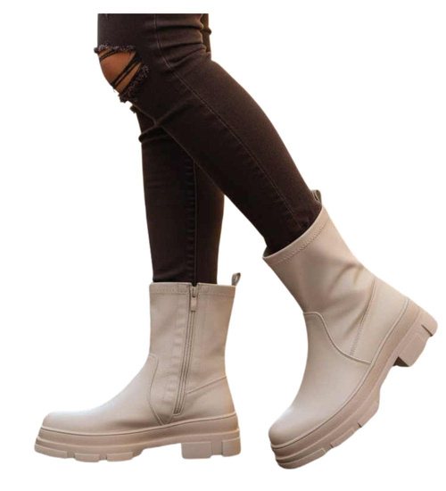 Beżowe zimowe botki workery na platformie /F9-2 18528 T288/