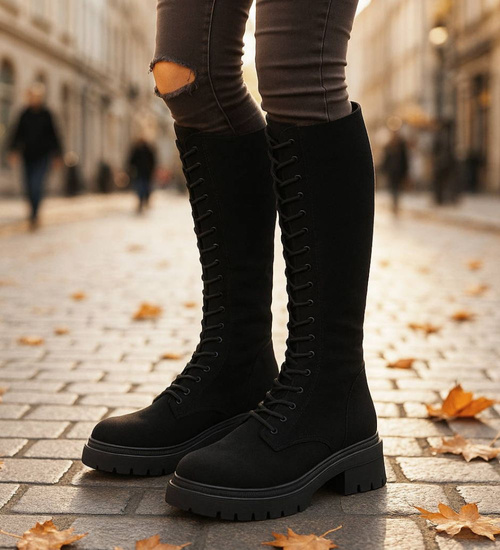 Zamszowe sznurowane botki glany Czarne /D9-3 18527 T499/