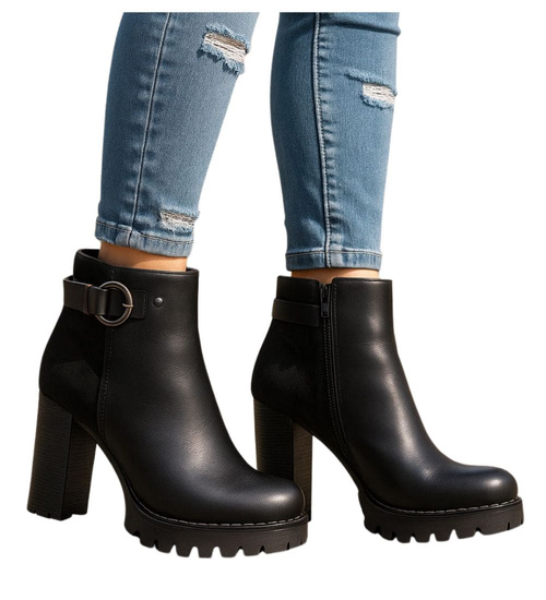 Czarne botki damskie na obcasie słupku /J5-4 H2 18439 W301/