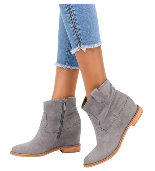 Zamszowe botki damskie na niskim koturnie Szare /D6-3 12260 T296/